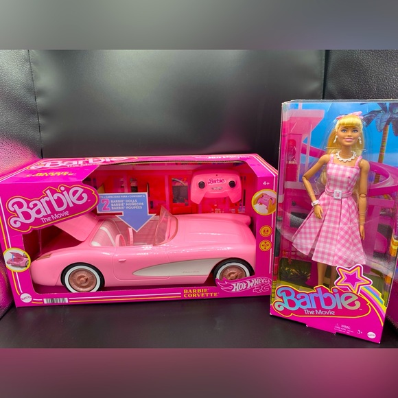 New Barbie the movie rc corvette and Barbie in gingham...